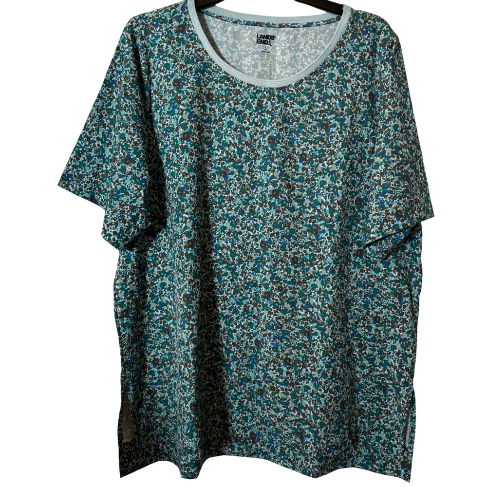 Lands' End Women's Pullover Top Large Short Sleeve Floral Green Blue
